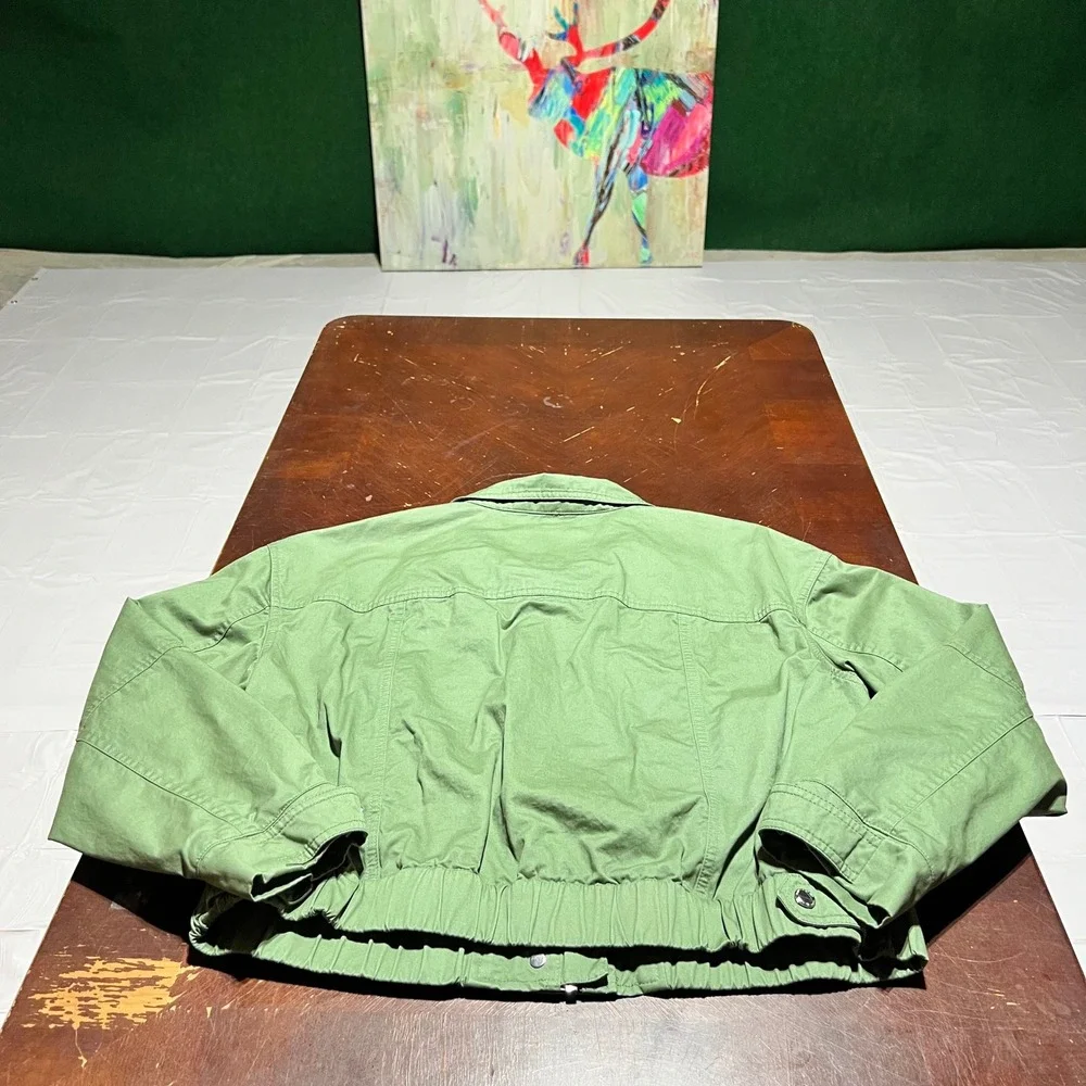 Tommy Jeans Sage Green Utility Jacket Womens XL Cropped Cotton Twill Boxy Zip Up